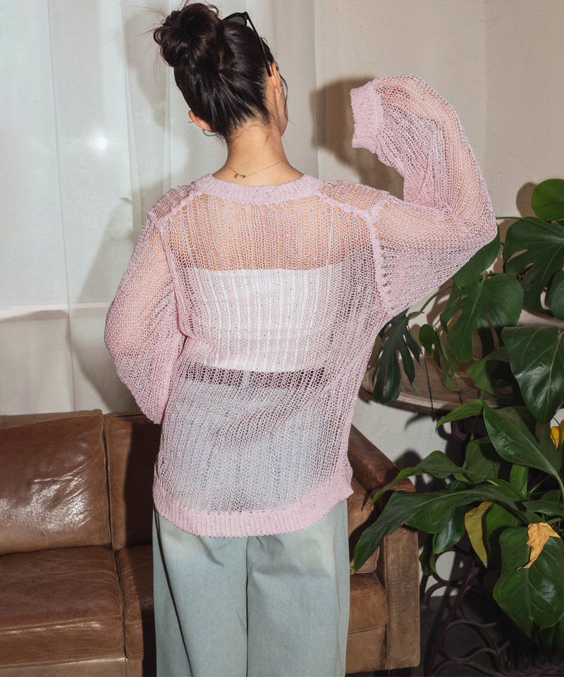 再入荷【しょちゃんコラボ】スパンコール透かし編みVネックニット – Mili