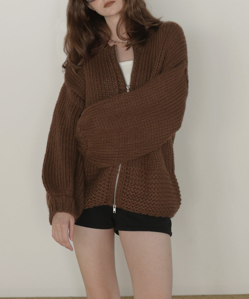 【10月中旬お届け商品】手編み風ダブルジップルーズニットカーディガン