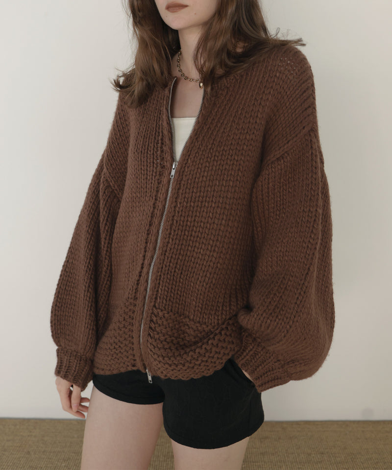 【10月中旬お届け商品】手編み風ダブルジップルーズニットカーディガン