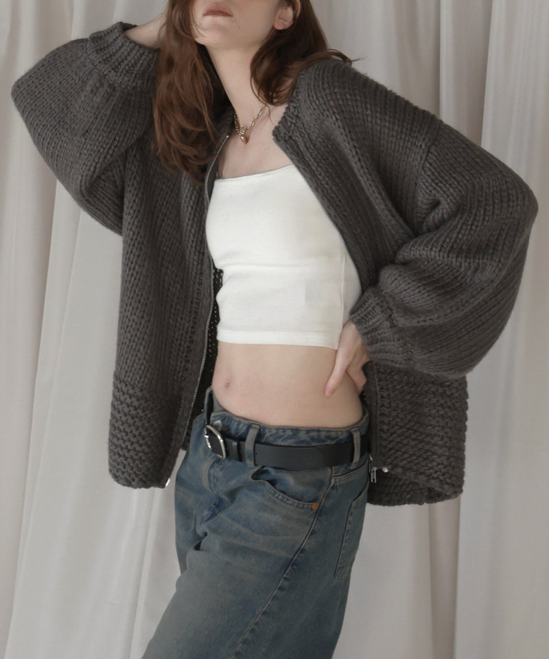 【10月中旬お届け商品】手編み風ダブルジップルーズニットカーディガン