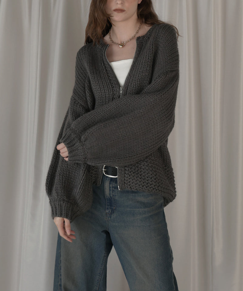【10月中旬お届け商品】手編み風ダブルジップルーズニットカーディガン