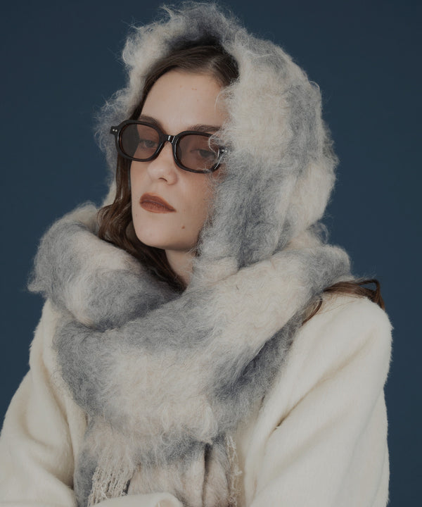 バイカラーチェックモヘアタッチシャギーボリュームフリンジカラーマフラー