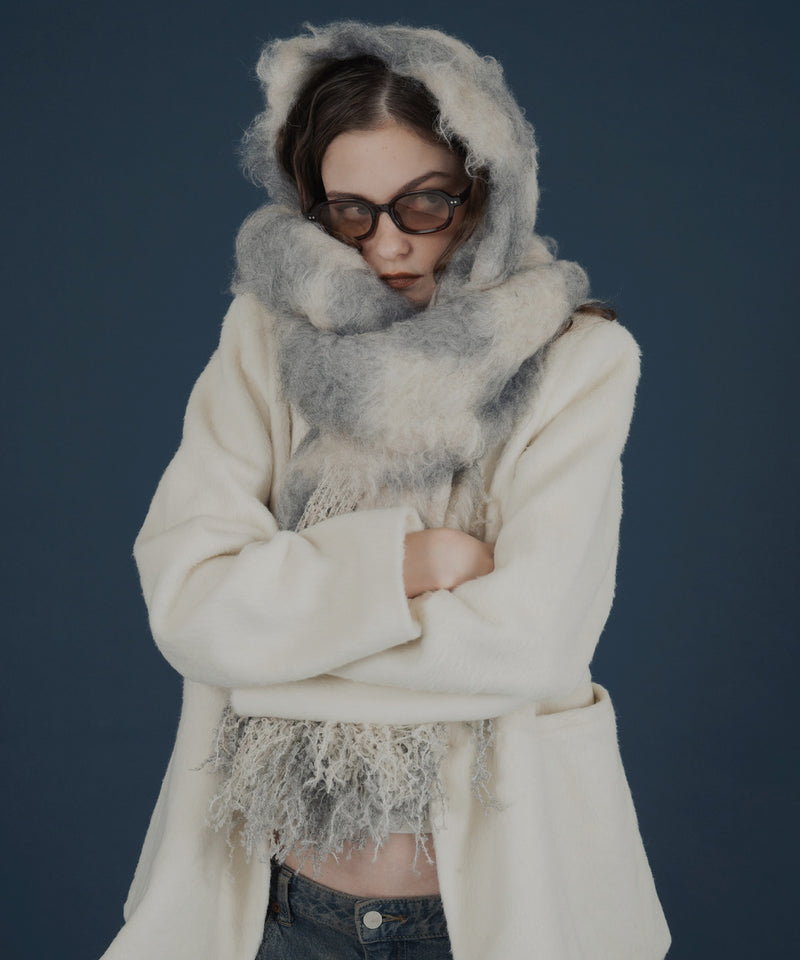 バイカラーチェックモヘアタッチシャギーボリュームフリンジカラーマフラー