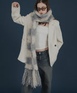 バイカラーチェックモヘアタッチシャギーボリュームフリンジカラーマフラー