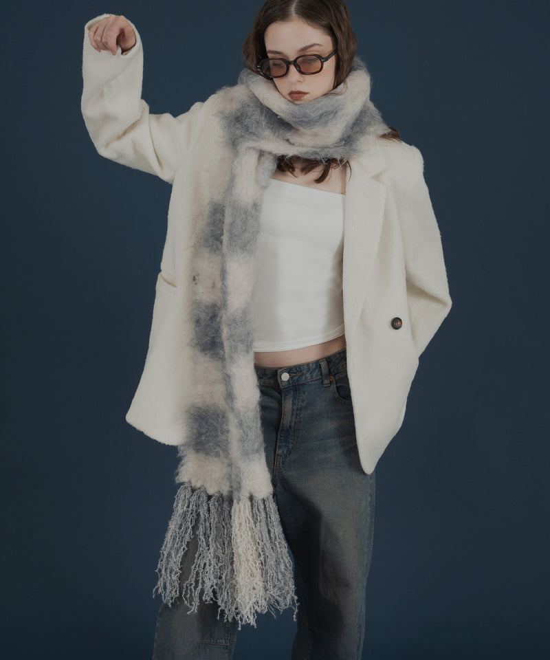 バイカラーチェックモヘアタッチシャギーボリュームフリンジカラーマフラー