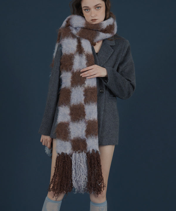 バイカラーチェックモヘアタッチシャギーボリュームフリンジカラーマフラー
