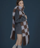 バイカラーチェックモヘアタッチシャギーボリュームフリンジカラーマフラー