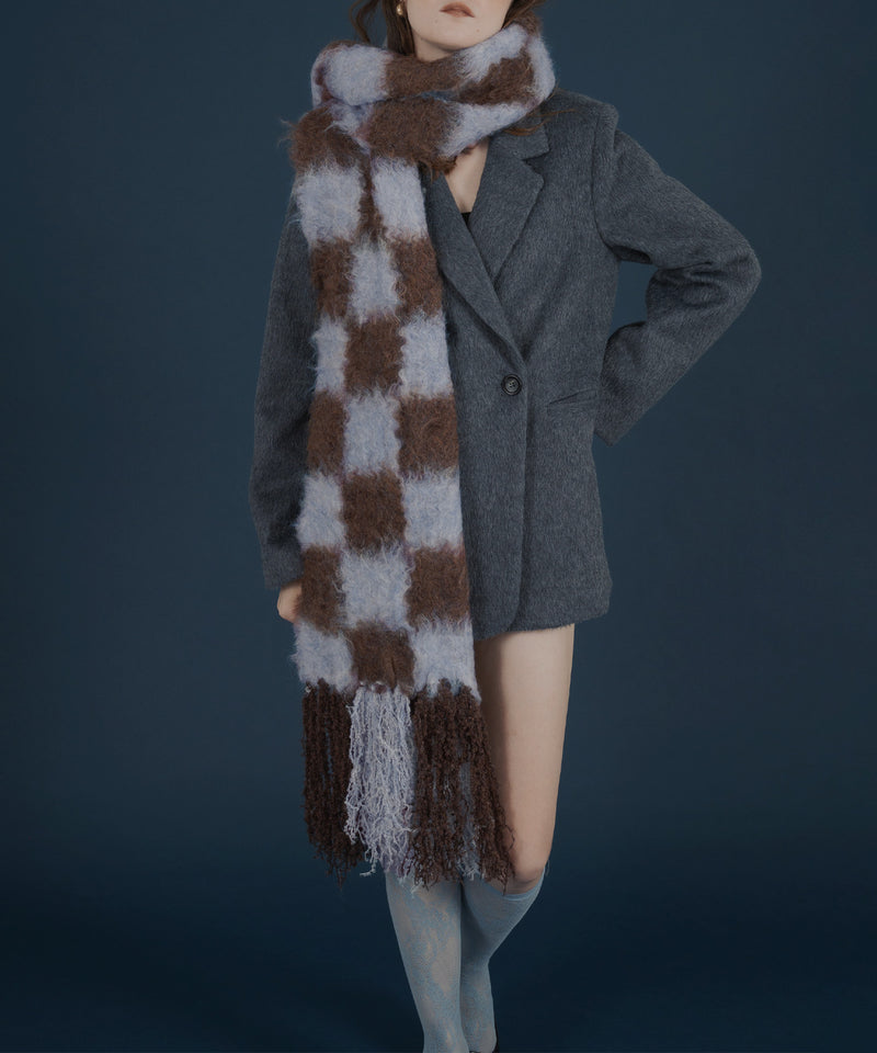 バイカラーチェックモヘアタッチシャギーボリュームフリンジカラーマフラー