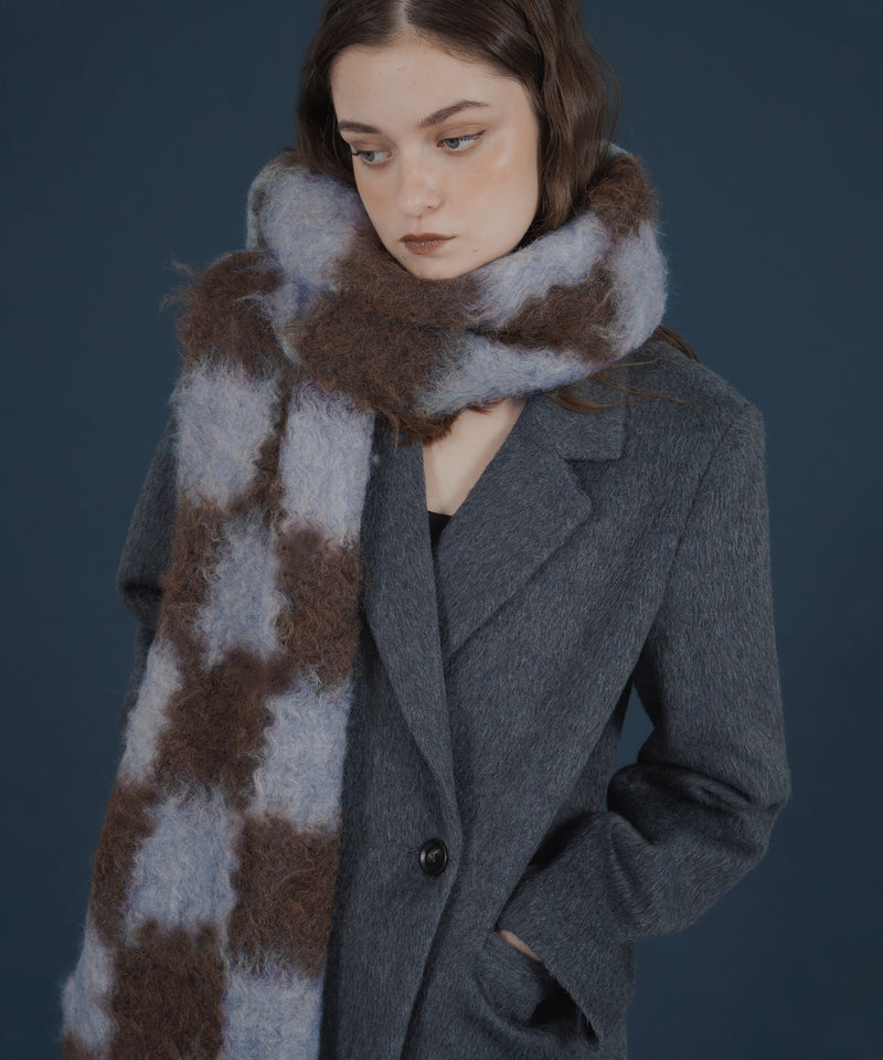 バイカラーチェックモヘアタッチシャギーボリュームフリンジカラーマフラー