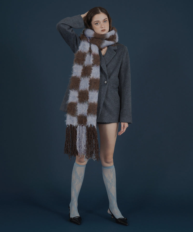 バイカラーチェックモヘアタッチシャギーボリュームフリンジカラーマフラー