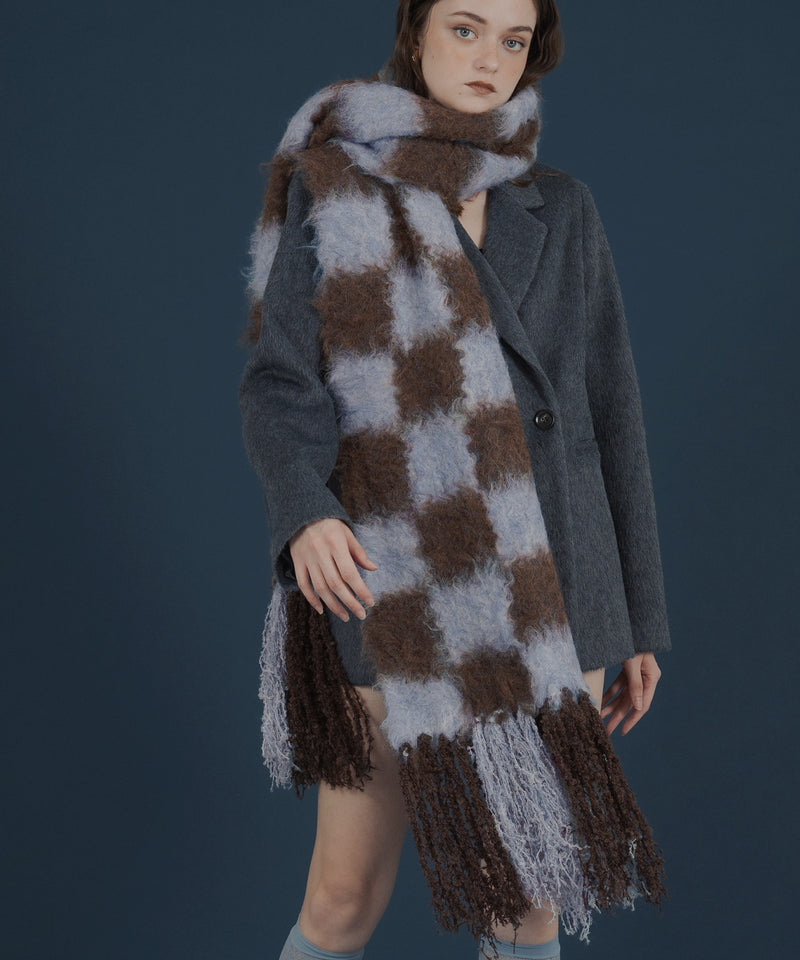 バイカラーチェックモヘアタッチシャギーボリュームフリンジカラーマフラー