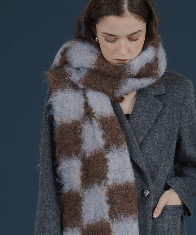 バイカラーチェックモヘアタッチシャギーボリュームフリンジカラーマフラー