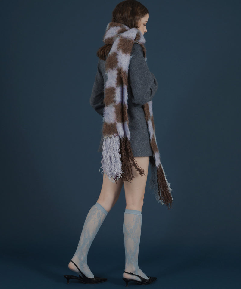 バイカラーチェックモヘアタッチシャギーボリュームフリンジカラーマフラー