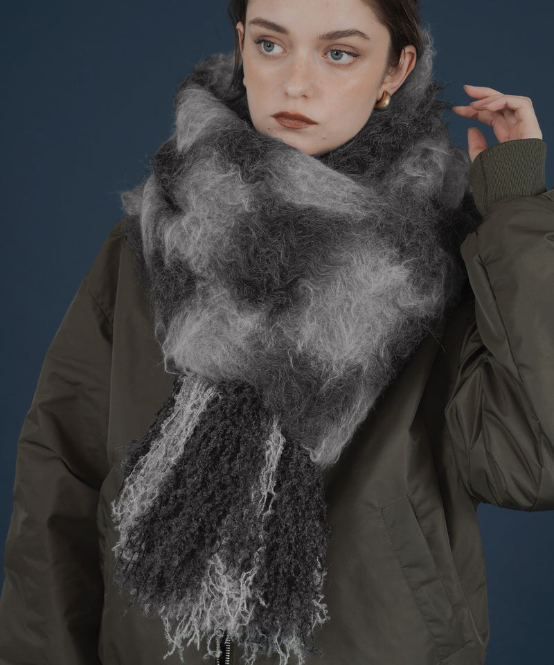 バイカラーチェックモヘアタッチシャギーボリュームフリンジカラーマフラー