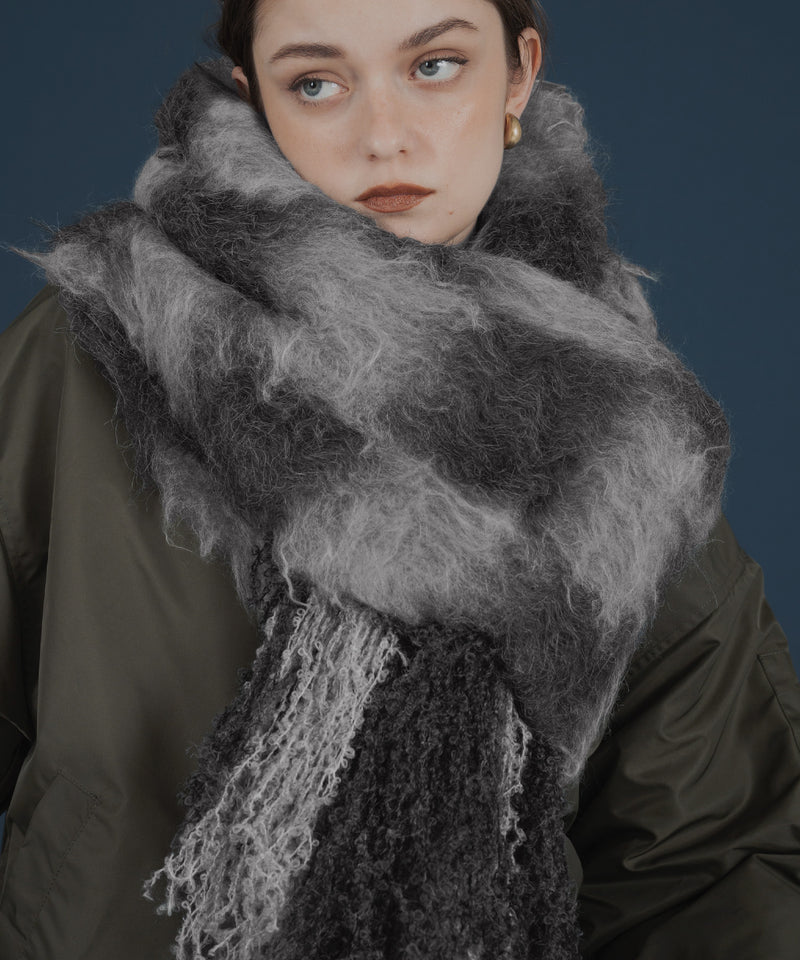 バイカラーチェックモヘアタッチシャギーボリュームフリンジカラーマフラー