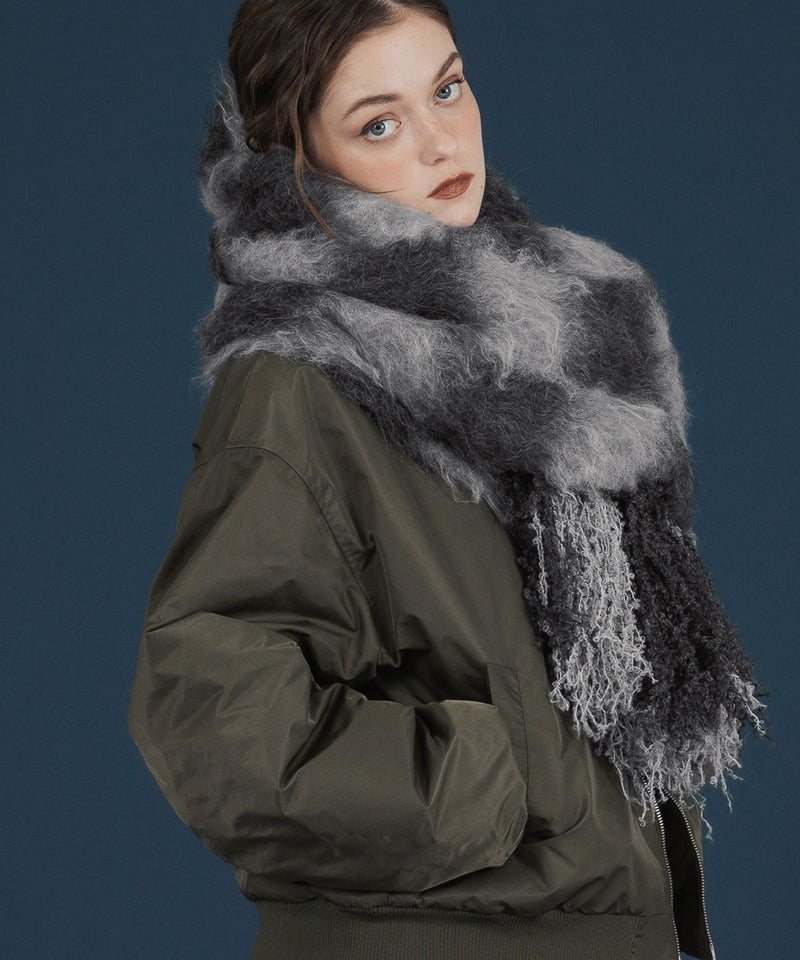 バイカラーチェックモヘアタッチシャギーボリュームフリンジカラーマフラー