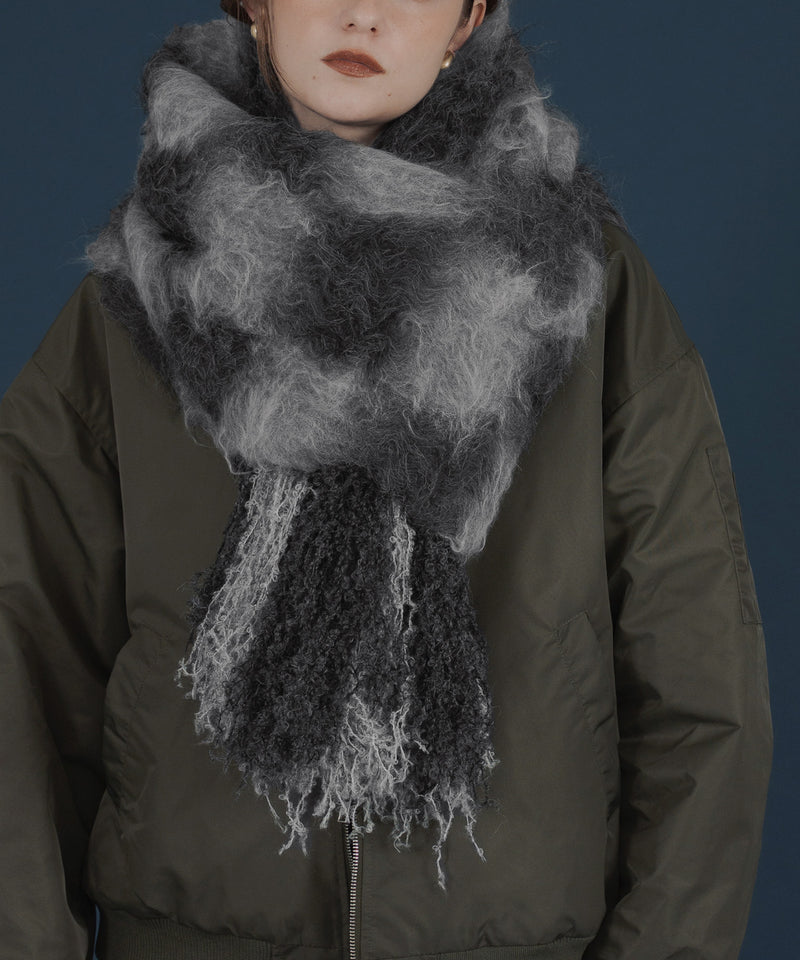 バイカラーチェックモヘアタッチシャギーボリュームフリンジカラーマフラー