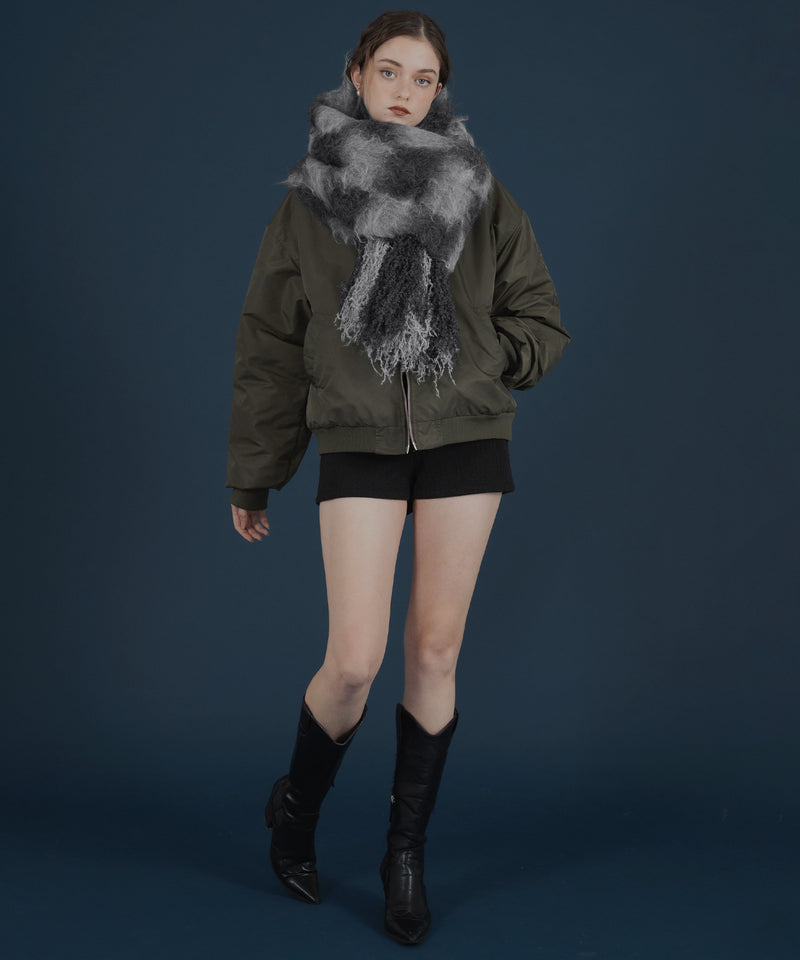 バイカラーチェックモヘアタッチシャギーボリュームフリンジカラーマフラー