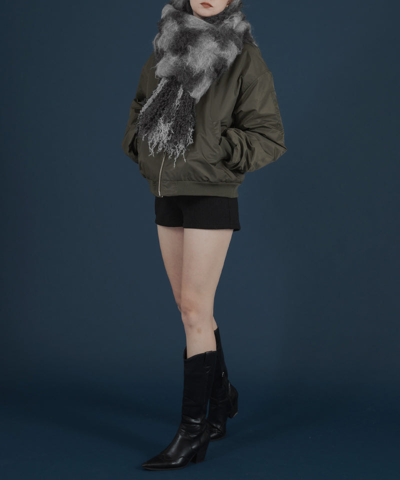 バイカラーチェックモヘアタッチシャギーボリュームフリンジカラーマフラー