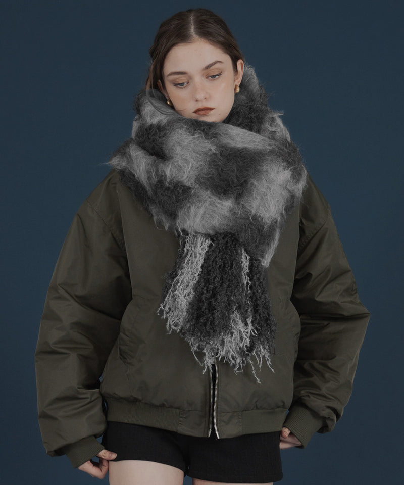 バイカラーチェックモヘアタッチシャギーボリュームフリンジカラーマフラー