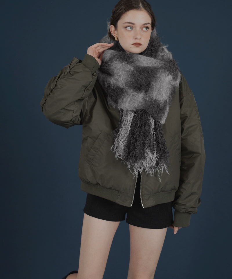 バイカラーチェックモヘアタッチシャギーボリュームフリンジカラーマフラー