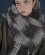 バイカラーチェックモヘアタッチシャギーボリュームフリンジカラーマフラー