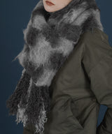 バイカラーチェックモヘアタッチシャギーボリュームフリンジカラーマフラー