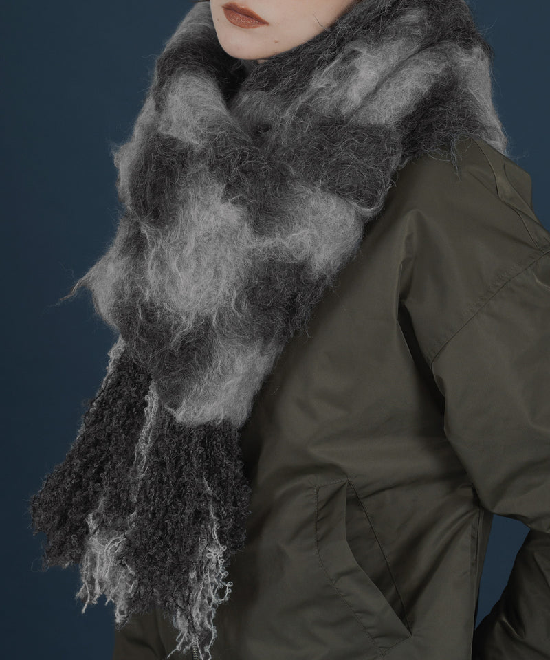 バイカラーチェックモヘアタッチシャギーボリュームフリンジカラーマフラー