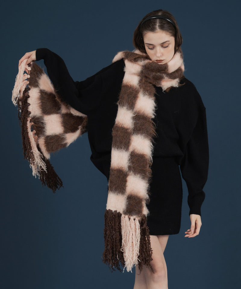 バイカラーチェックモヘアタッチシャギーボリュームフリンジカラーマフラー