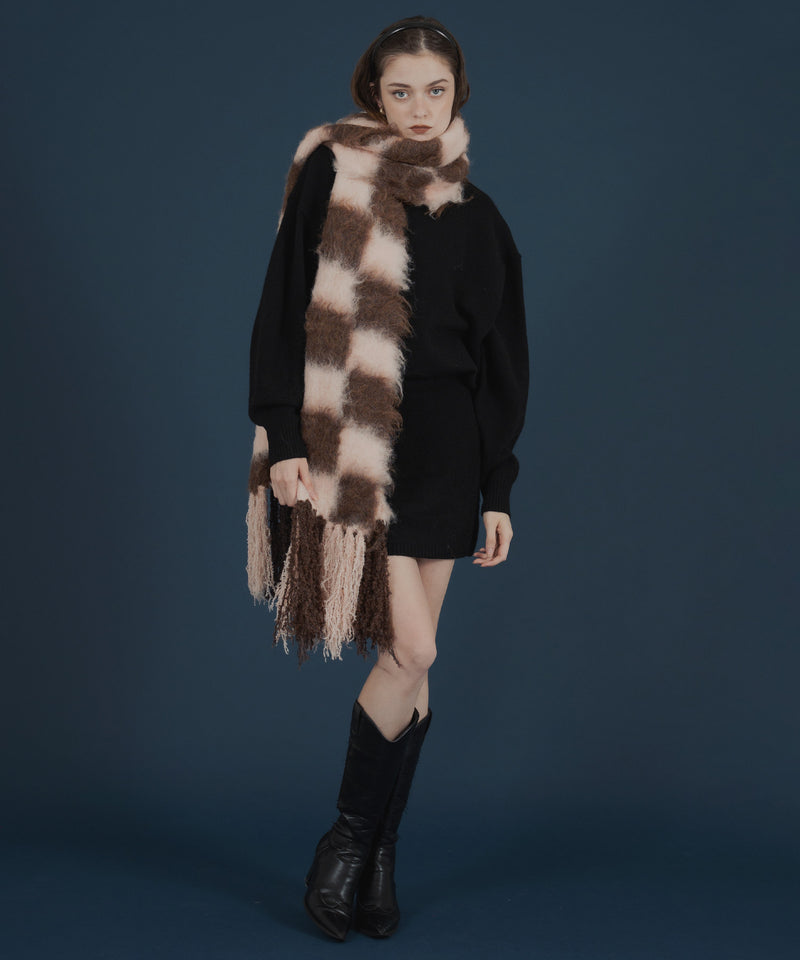 バイカラーチェックモヘアタッチシャギーボリュームフリンジカラーマフラー