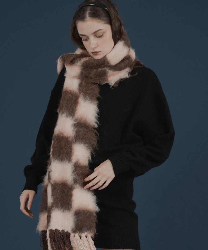 バイカラーチェックモヘアタッチシャギーボリュームフリンジカラーマフラー