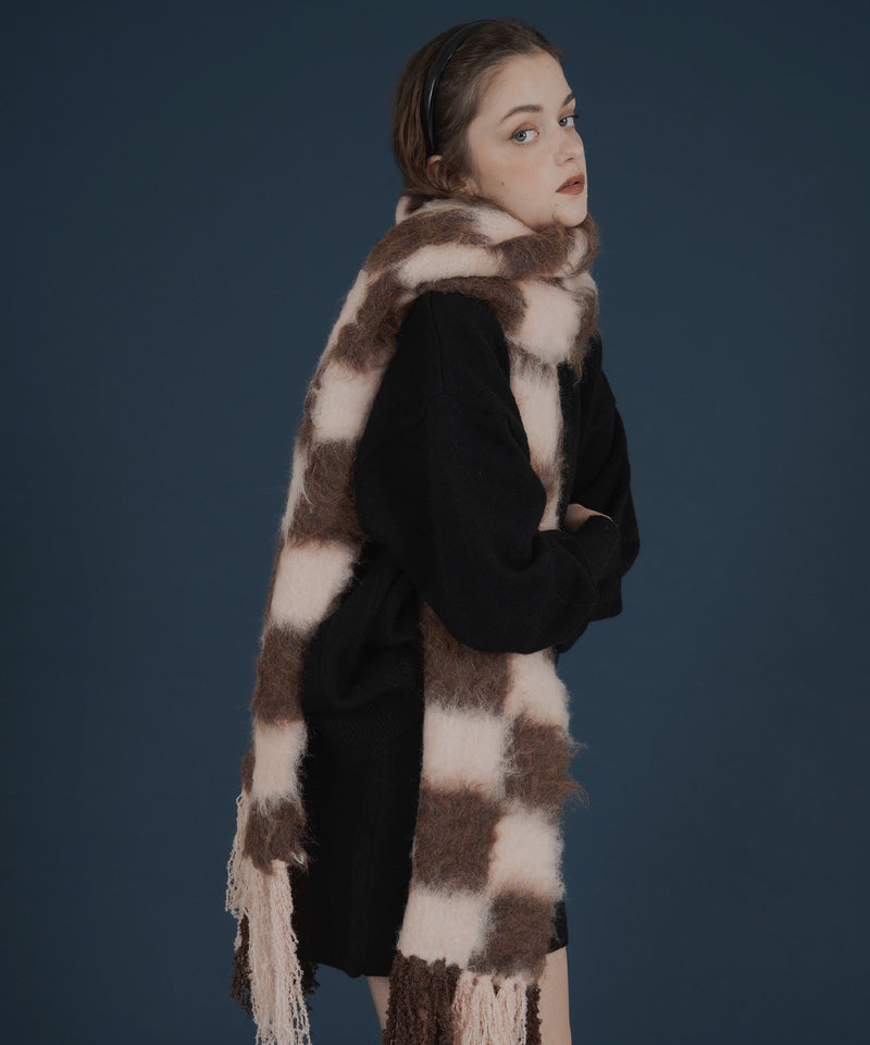 バイカラーチェックモヘアタッチシャギーボリュームフリンジカラーマフラー