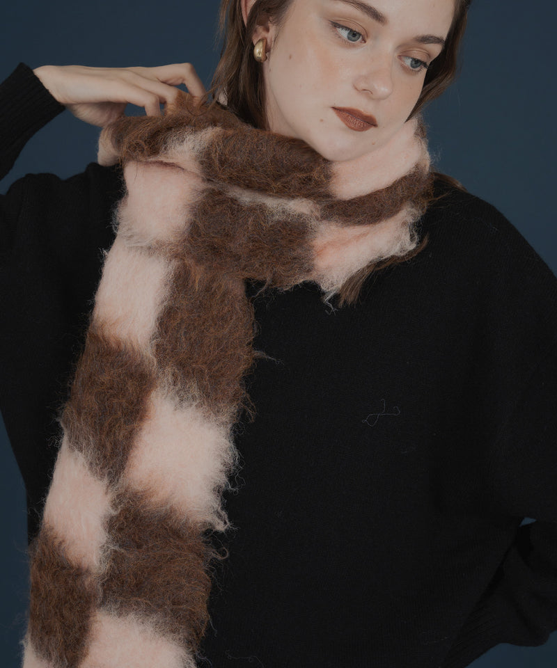 バイカラーチェックモヘアタッチシャギーボリュームフリンジカラーマフラー