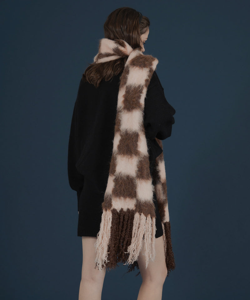 バイカラーチェックモヘアタッチシャギーボリュームフリンジカラーマフラー