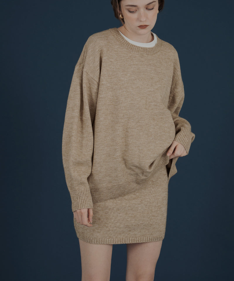 オーバーサイズクルーネックニットトップス＆ニットミニスカート　セットアップニット