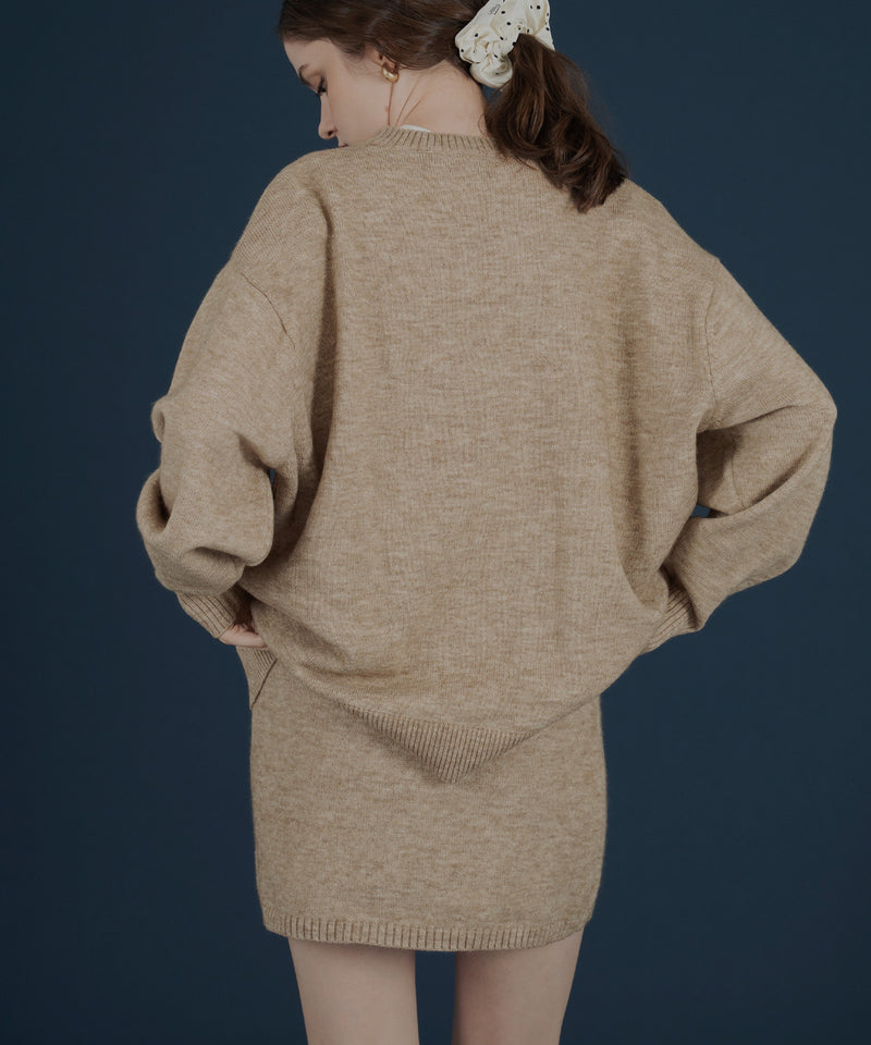 オーバーサイズクルーネックニットトップス＆ニットミニスカート　セットアップニット