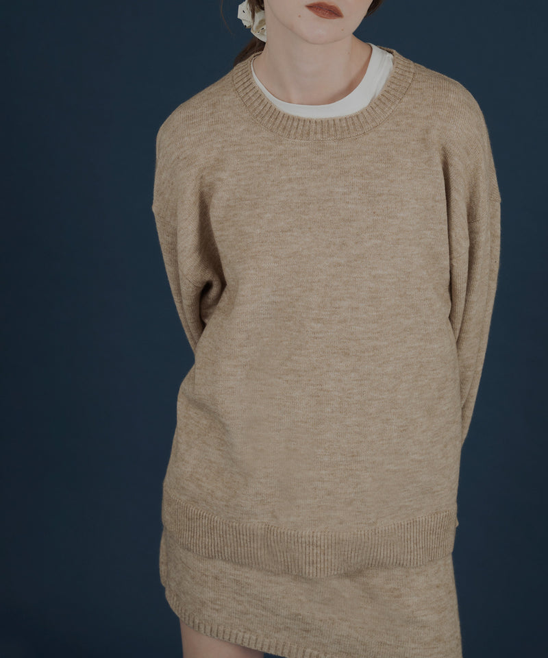 オーバーサイズクルーネックニットトップス＆ニットミニスカート　セットアップニット