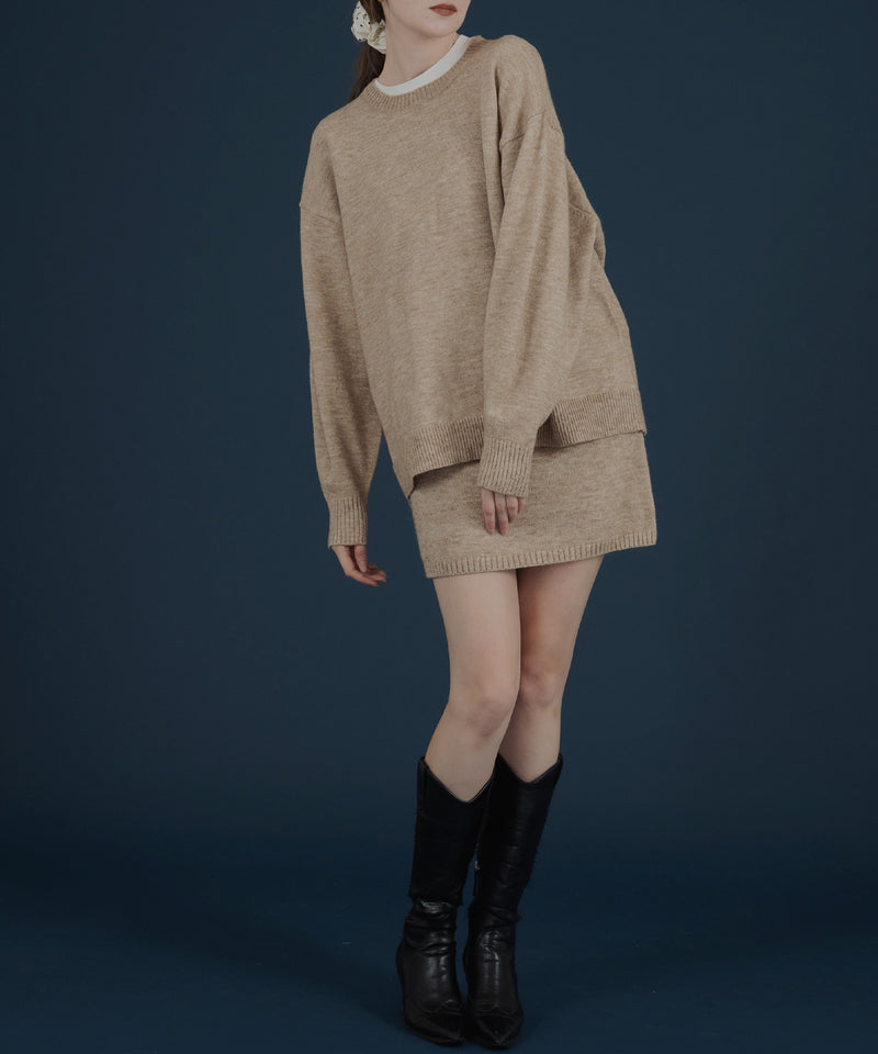 オーバーサイズクルーネックニットトップス＆ニットミニスカート　セットアップニット