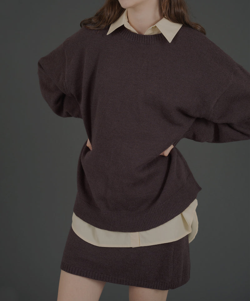 オーバーサイズクルーネックニットトップス＆ニットミニスカート　セットアップニット