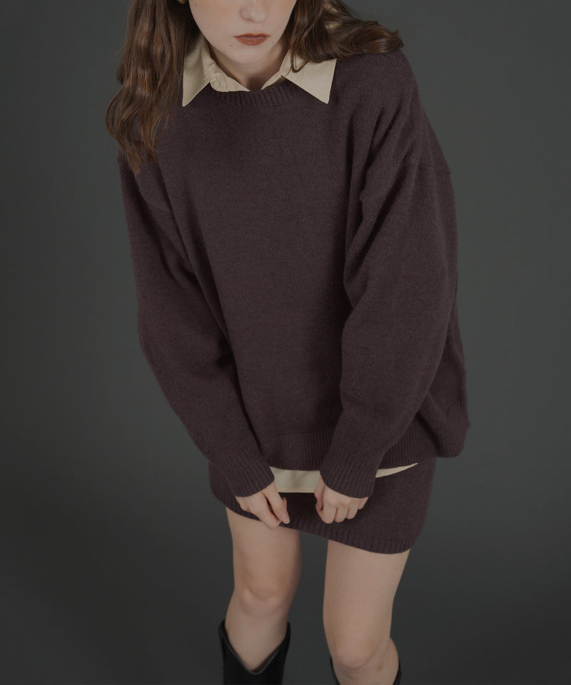 オーバーサイズクルーネックニットトップス＆ニットミニスカート　セットアップニット