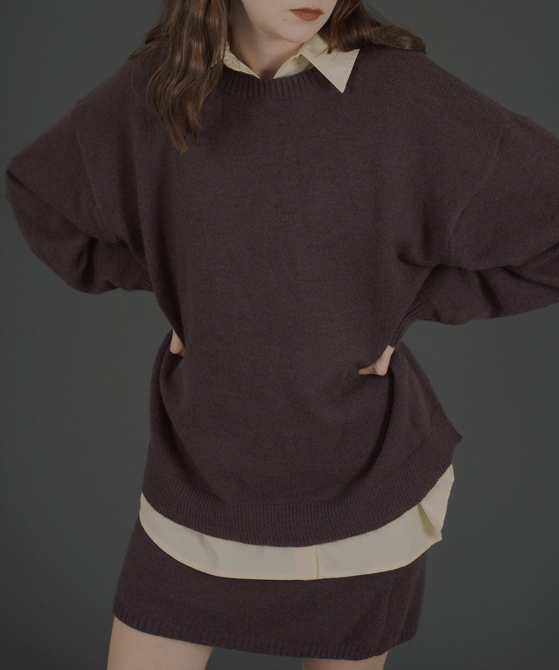 オーバーサイズクルーネックニットトップス＆ニットミニスカート　セットアップニット