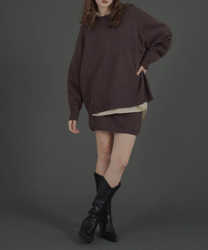 オーバーサイズクルーネックニットトップス＆ニットミニスカート　セットアップニット