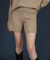 ケーブル編みニットセットアップ/Vネックポロ襟ニットトップス×ショートニットパンツ