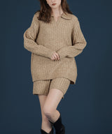 ケーブル編みニットセットアップ/Vネックポロ襟ニットトップス×ショートニットパンツ