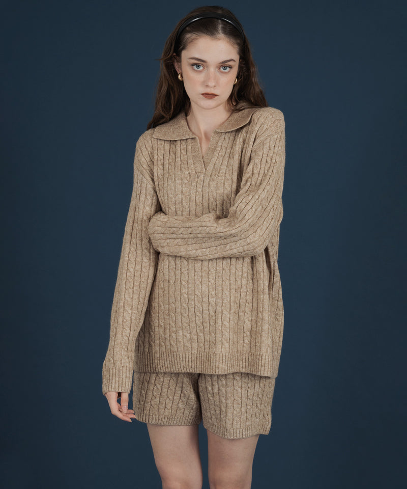 ケーブル編みニットセットアップ/Vネックポロ襟ニットトップス×ショートニットパンツ