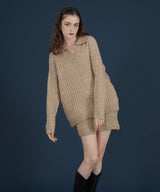 ケーブル編みニットセットアップ/Vネックポロ襟ニットトップス×ショートニットパンツ