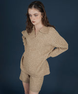 ケーブル編みニットセットアップ/Vネックポロ襟ニットトップス×ショートニットパンツ