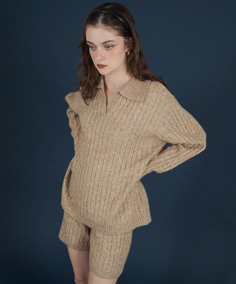 ケーブル編みニットセットアップ/Vネックポロ襟ニットトップス×ショートニットパンツ