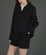 ケーブル編みニットセットアップ/Vネックポロ襟ニットトップス×ショートニットパンツ