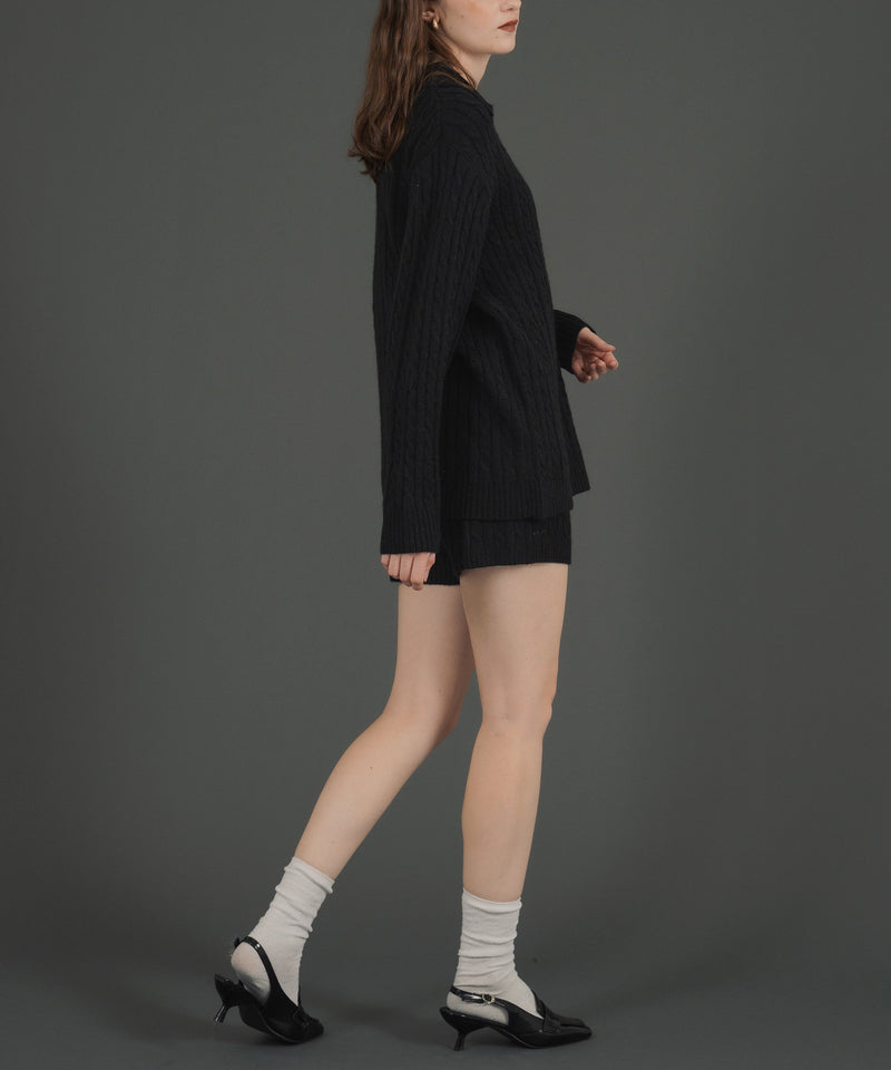 ケーブル編みニットセットアップ/Vネックポロ襟ニットトップス×ショートニットパンツ